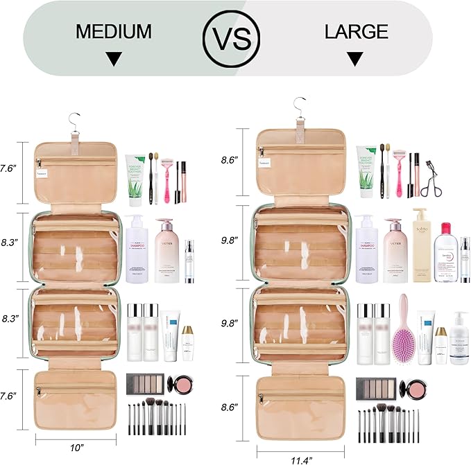 COOSKY Travel Hanging Toiletry Bag for Women, Cruise Ship Essentials, with Jewelry Organizer, Extra Large Makeup Dopp Kit, Waterproof Cosmetic Bags, Toiletries Kit Set with Trolley Belt, Green