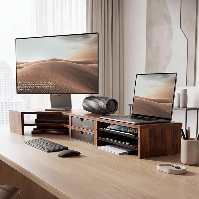 Fenge Dual Monitor Stand, Corner Monitor shelf with Drawer and Slide-Out Tray, 2 Tier Triangle Monitor Riser with Storage, Desk Shelf Organizer for Desk, Home Office, Computer, Laptop, Printer