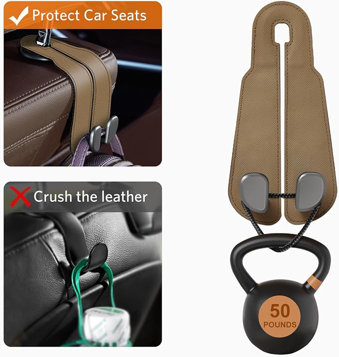 CoBak Purse Hook for Car - Universal Premium Stitched Leather and Aluminum-Magnesium Alloy Double Car Seat Back Storage Hook for Purses, Handbags, Bags (2 Pack),Khaki Beige