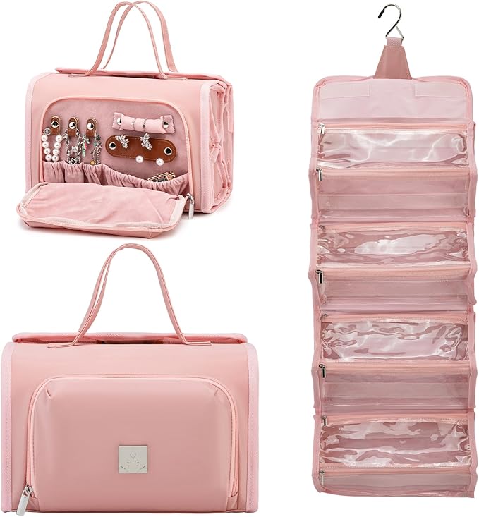 ROYALFAIR Roll Up Makeup Bag, Waterproof Toiletry Bag for Women, Hanging Travel Organizer bags with Jewelry Organizer Compartment, Extra Large 4 Clear TSA Approved Pouches Cosmetic Makeup (light red)