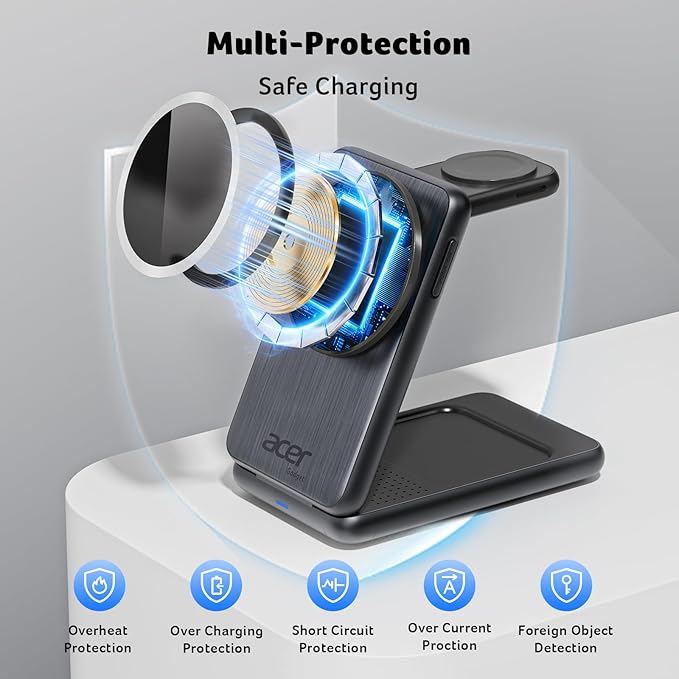 Acer 3 in 1 Charging Station for Apple Device, Magnetic Wireless Foldable Fast Charger Stand Compatible with MagSafe for iPhone, Apple Watch & AirPods, Foldable Charging Dock for Desk S3