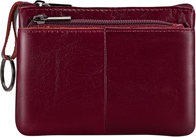 Wine Red Genuine Leather Multi-Functional Wallet - Compact Card Holder, Coin Purse & Key Organizer with 3 Zippers, Built-in Key Ring, Perfect for Travel, Work & Daily Use
