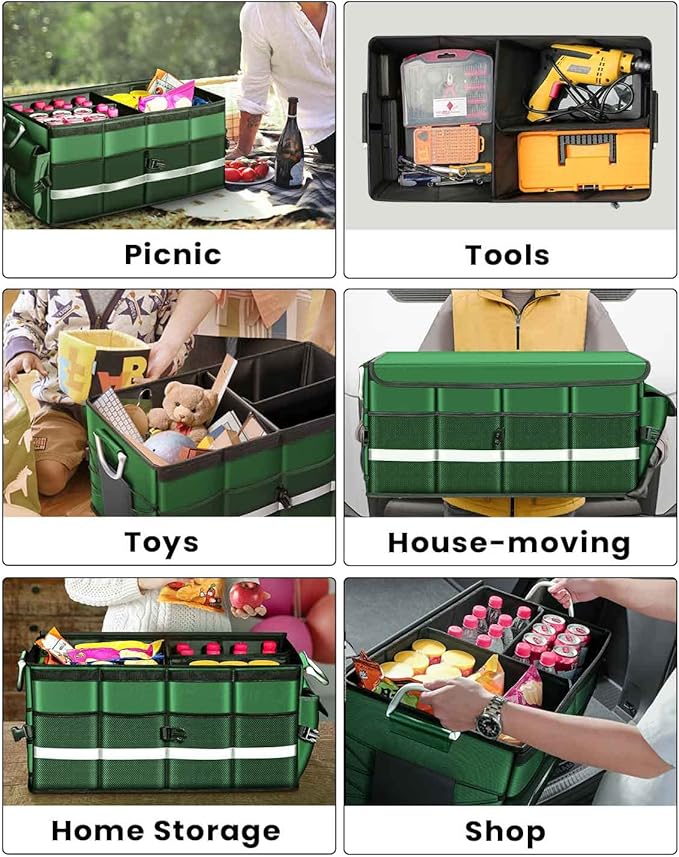 WINHUNT Car Trunk Organizer, Car Storage Organizer with Waterproof Bag Collapsible Multi Compartment Organizer for Car, Suv, Sedan, Truck, Aluminium Handle (Green, Large 66L)