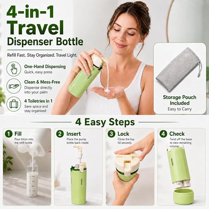 4 in 1 Travel Dispenser, Leak-Proof Travel Bottles with Storage Bag, 4 Refillable 30ml (1oz) Travel Containers for Toiletries, Portable Green Set for Shampoo, Body Wash, Lotion