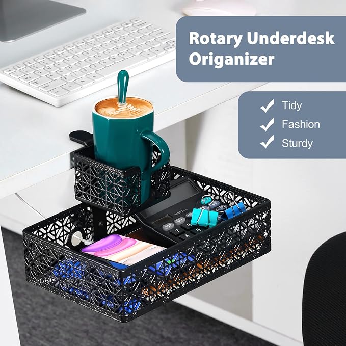 Black Modern Under Desk Drawer Organizer Clip-on Cup Holder & Phone Holder