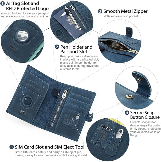 CONTACTS Full Grain Leather Passport Holder Compatible with Airtag RFID Blocking Passport Wallet Travel Slim Passport Cover with SIM Card Removal Tool (Blue)