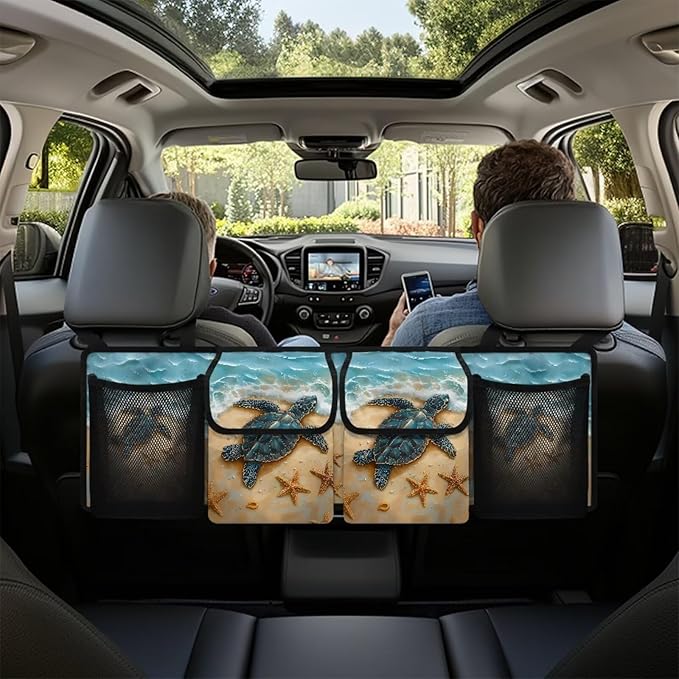 Sea Turtle Car Trunk Organizer,Beach Design Backseat Trunk Organizer with 4 Pocekt,Backseat Hanging Car Storage Bag Foldable Cargo Storage Not Easy to Fade