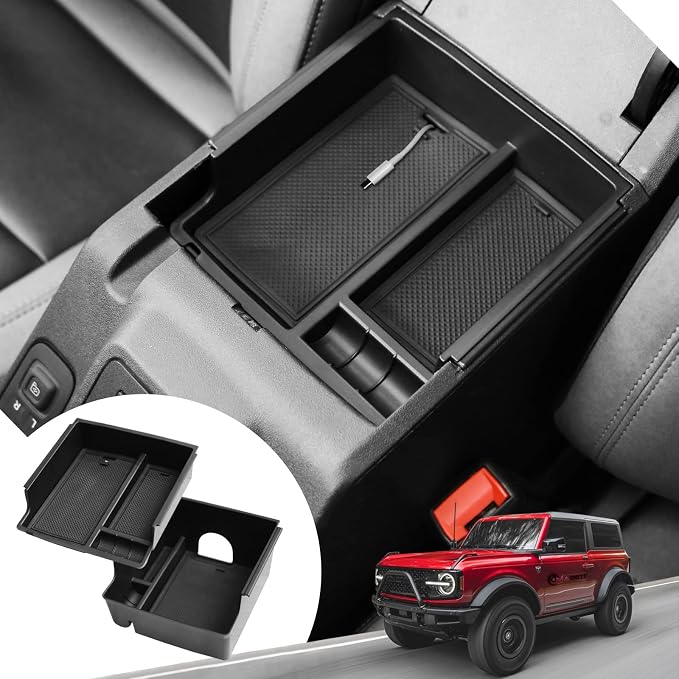 Mabett Console Organizer Tray for Bronco Accessories, Armrest Storage Box fit Bronco 2021-2024 2/4-Door (Not Fits 2025 2026) with Non-Slip Mat Black