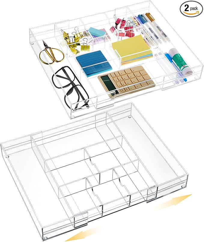 Briwooody 2 Pcs Acrylic Desk Drawer Organizer Maximum 12 x 18 x 2.1 Inch Expandable Drawer Organizer Trays with 8 Adjustable Compartments Desk Accessories for Makeup Silverware Office Bathroom