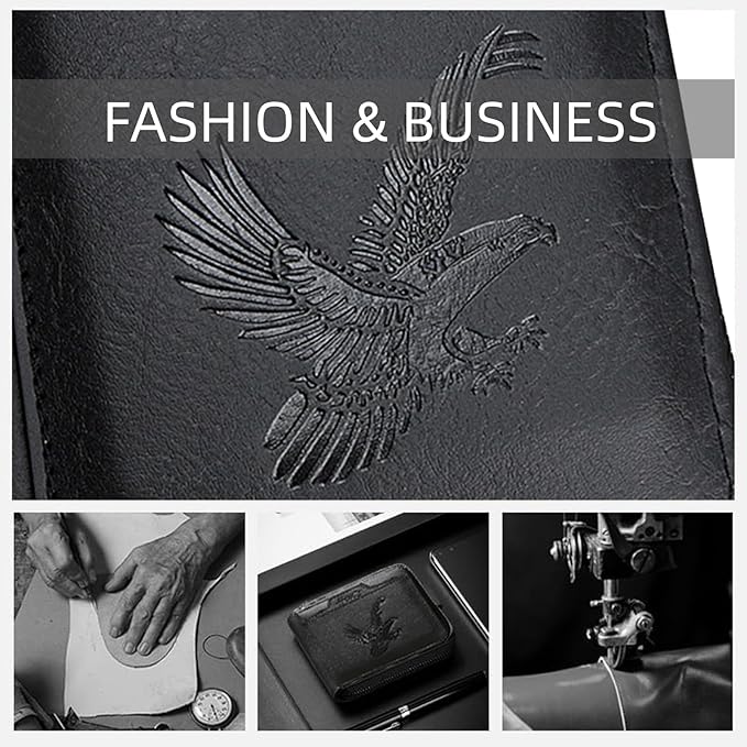 Eagles PU Leather Mens Compact Bifold Wallet, Vintage Zipper Wallet Closure with Detachable Card Case, 2 ID Windows & Snap Coin Pocket for Daily Travel Use