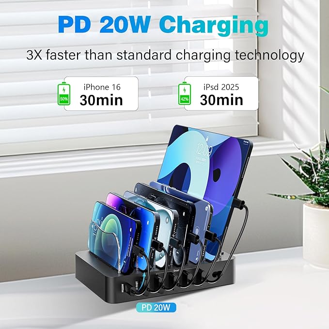 Charging Station for Multiple Devices 68W 6 Port Phone Charger Dock with 6 Cables, 20W Black Fast Charging Station Compatible with Apple Cellphone iPad iPhone Tablet(Black)