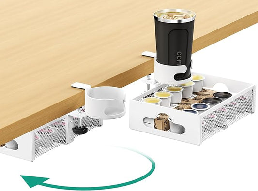 Desk Cup Holder with Drawer Organizer, Anti-Spill Clip-On Table Cup Hook with 360° Rotation Hidden Storage Box for Office Home Gaming Table (White)