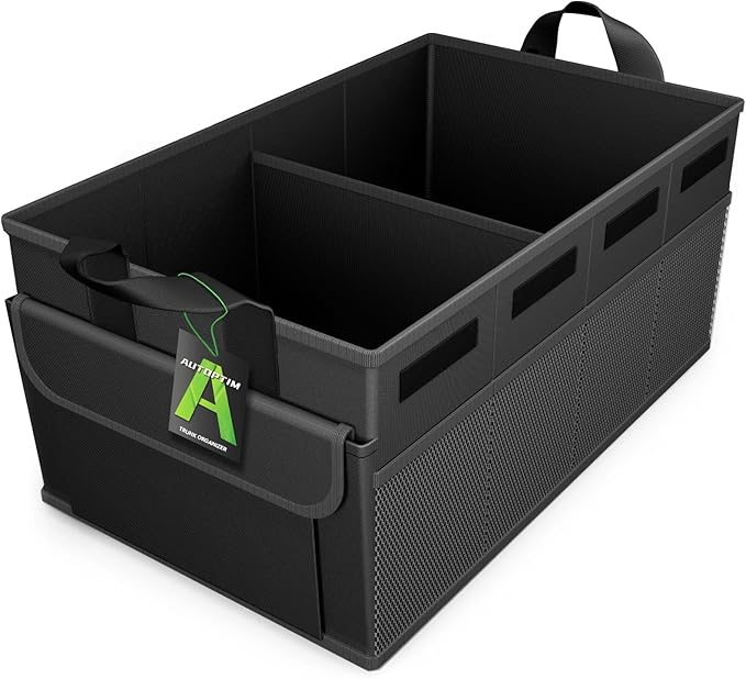 AUTOPTIM Car Trunk Organizer - 60L Collapsible Car Organizer with Non Slip Bottom for Groceries, Trunk Storage with Base Panel for SUV Sedan Van, 2 Compartments (Black, Medium)
