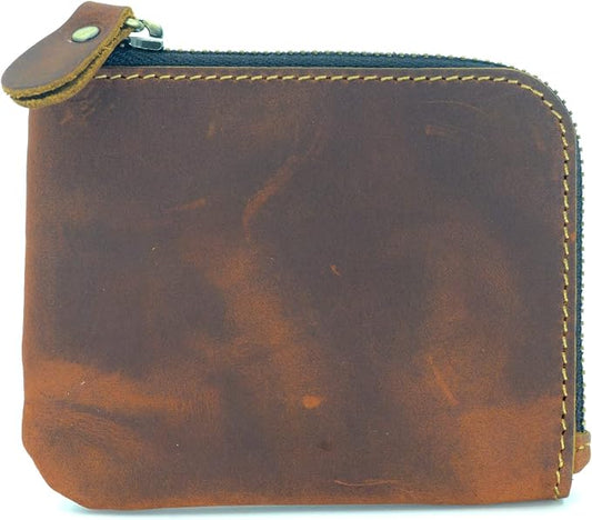 JJNUSA Genuine Leather Zipper Coin Purse Wallet With Key Car Smart Holder, Change Purse, Coin Pouch Holder For Men (Brown)