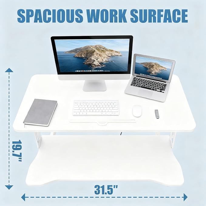 Standing Desk Converter, Height Adjustable Sit to Stand Riser, Dual Monitor and Laptop Workstation with Wide Keyboard Tray, Desk Lifter for Home Office