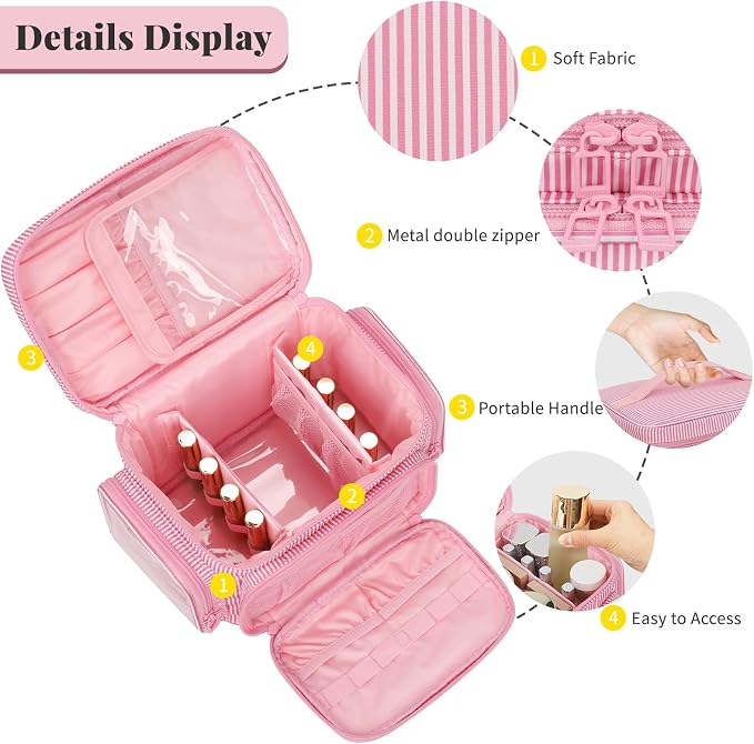 Large Makeup Bag, Portable Travel Makeup Bag Organizer for Women Girls with Makeup Brush Compartment & Two Side Pockets, Cosmetic Travel Bag Vertical Storage Toiletry Bag - Pink Stripe