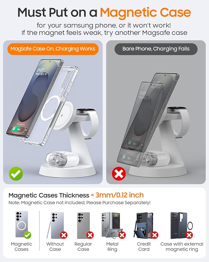 Magnetic Wireless Charger for Samsung, 3 in 1 Charging Station Compatible with MagSafe Charger for Samsung Galaxy S26 Ultra Z Fold7/Flip7, Watch Charger Stand for Galaxy Watch Ultra 8, for buds, White