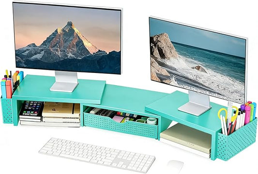 Spacrea Metal Desk Organizers and Accessories, Dual Monitor Stand Riser with Drawer and 2 Pen Holders, Desk Accessories & Workspace Desktop Organizers for Office Supplies (Blue)