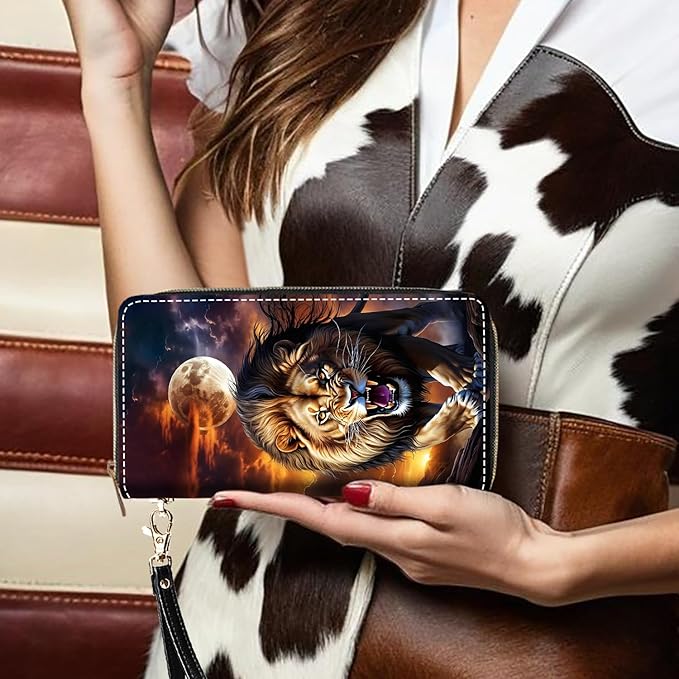 Lion Under The Moon Print Women Large Capacity PU Leather Zip Around Wallet, Multifunctional Clutch Purse for Cash/Card/Coin/Smart Phone
