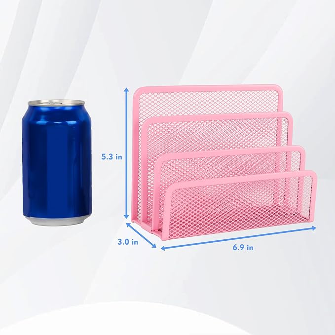 EASEPRES Desk Mail Organizer, Office Small Desktop Metal Mesh Envelope Letter Sorter Paper File Holder Organizer with 3 Vertical Upright Compartments, Pink 1 Pack