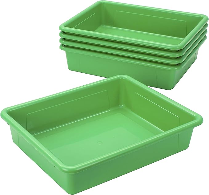 Storex Letter Size Flat Storage Tray – Organizer Bin with Non-Snap Lid for Classroom, Office and Home, Green, 5-Pack (62539A05C)