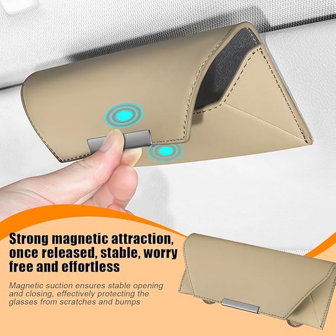 Osilly Car Sunglasses Holder, Sun Visor Eyeglasses Protective Storage Case with Hidden Magnetic Closure, Leather Automotive Glasses Organizer Box, Universal Vehicle Interior Accessories (Beige)
