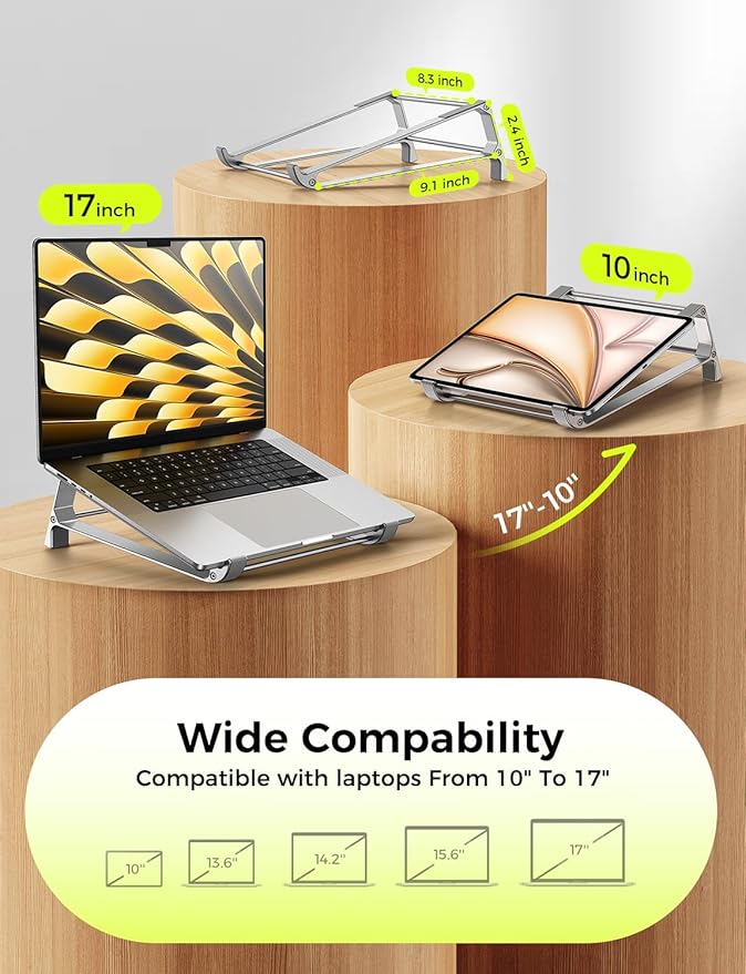 MAGIC JOHN Laptop Stand for Desk, Storage Laptop Riser Portable, Aluminum Ergnomic Computer Stand with Silicone Pads,Cooling & Laptop Holder, Compatible with MacBook Air Pro, HP, Dell, (10-17 Inch)