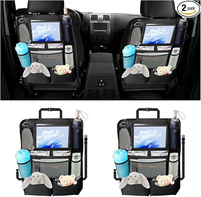 2PCS Car Backseat Organizer, Automotive Kick Mats Back Seat Protector for Kids, Vehicle Storage Organizer with 9 Pockets & Touch Screen Tablet Holder, Auto Travel Accessories for Truck SUV (Black)
