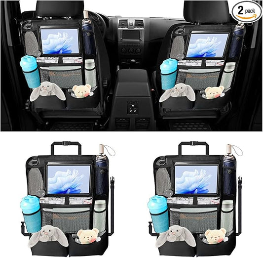 2PCS Car Backseat Organizer, Automotive Kick Mats Back Seat Protector for Kids, Vehicle Storage Organizer with 9 Pockets & Touch Screen Tablet Holder, Auto Travel Accessories for Truck SUV (Black)