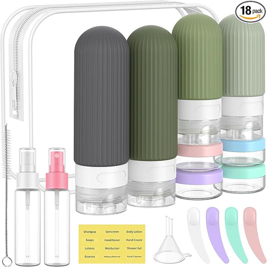ME.FAN Travel Bottles for Toiletries,18 Pack Silicone Portable Size Bottle, TSA Approved Refillable Cosmetic Container Kits for Conditioner, Shampoo, Lotion,Face Cream - Desert Sage