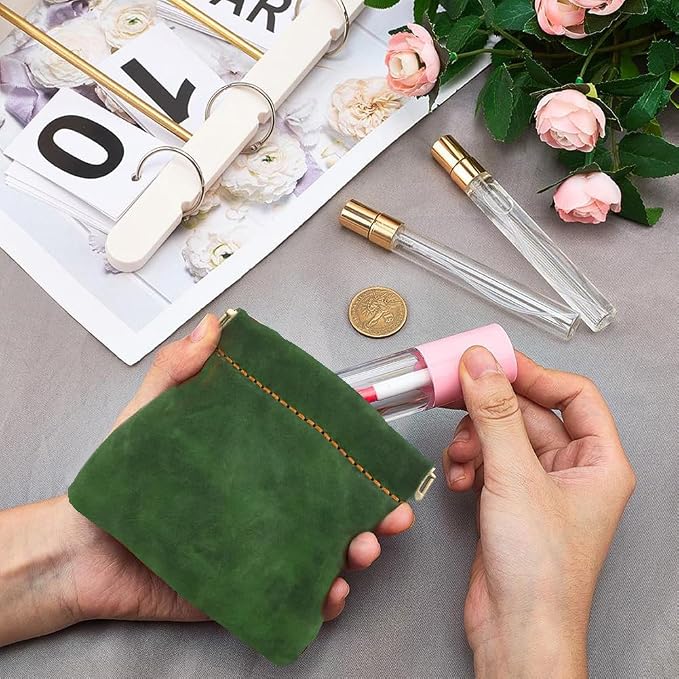 Genuine Leather Small Coin Pouch Change Bag Holder Pocket Cosmetic Bag Mini Squeeze Coin Wallet Purse Portable Cowhide Travel Makeup Lipstick Pouch Crimp Closure for Women Men