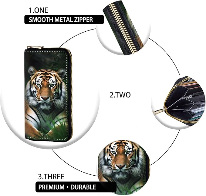 Women's RFID Blocking Zip Around Wallet with Detachable Wrist Strap, Large Capacity Credit Card Holder Organizer for Everyday Use,Bengal Tigers on The Grass