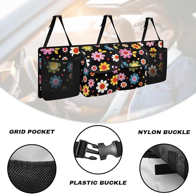 Abstrct Hippie Flower Car Trunk Organizer and Storage Backseat Hanging Organizer for SUV, Truck, MPV, Van Waterproof Car Storage Trunk Organizer Car Interior Accessories