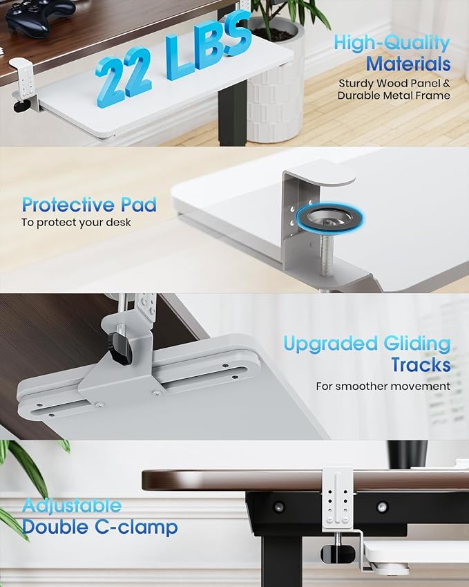 Large Keyboard Tray Under Desk, Pull Out Keyboard & Mouse Tray with Adjustable C-clamp, 25.6(31.5 Including Clamps) x 11.8 Inch Slide Out Computer Keyboard Drawer Mouse Tray for Typing, White