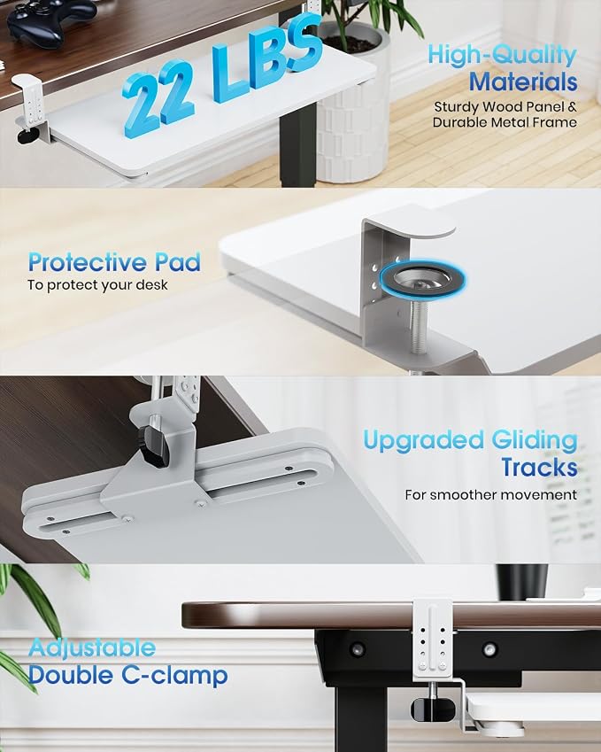 Small Keyboard Tray Under Desk, Pull Out Keyboard & Mouse Tray with Adjustable C-clamp, 20(25.9 Including Clamps) x 11.8 Inch Slide Out Computer Keyboard Drawer Mouse Tray for Typing, White