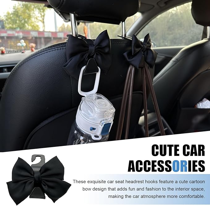 2 PCS Car Seat Headrest Hooks, Cute Bow Hooks Decor, High-Load Hanger for Purses Umbrellas, Car Interior Decoration Accessories for Women, Girls (Black)