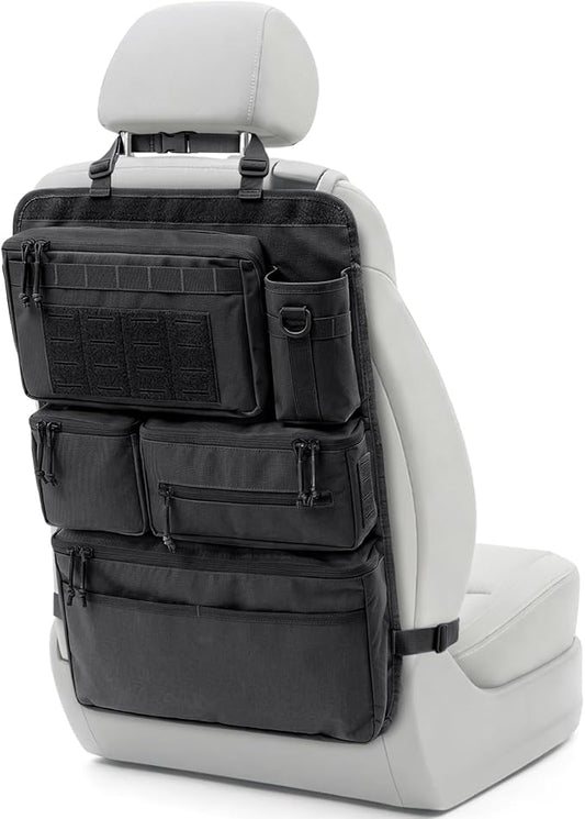 All in One Car Seat Back Organizer, Heavy Duty Molle Panel Seat Back Protector with Multi-Pockets Storage for Tools, Camping, Travel, Fit Most Cars SUV Trucks Jeeps Pickups