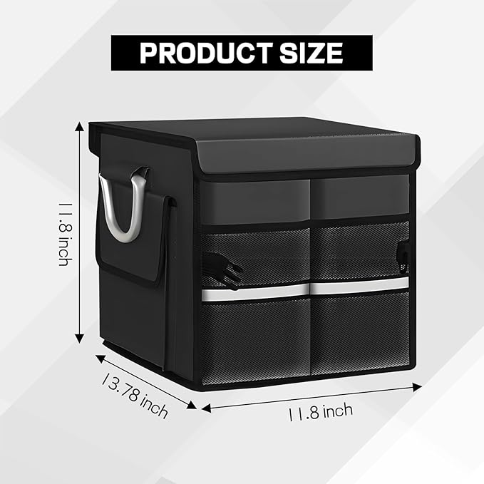 Car Trunk Organizer with Lid, 28L 2-Compartment Collapsible Trunk Cargo Storage Box, Waterproof Oxford Vehicle Backseat Storage Organizer with Base Plate & Metal Handle, Car Accessories (Black)