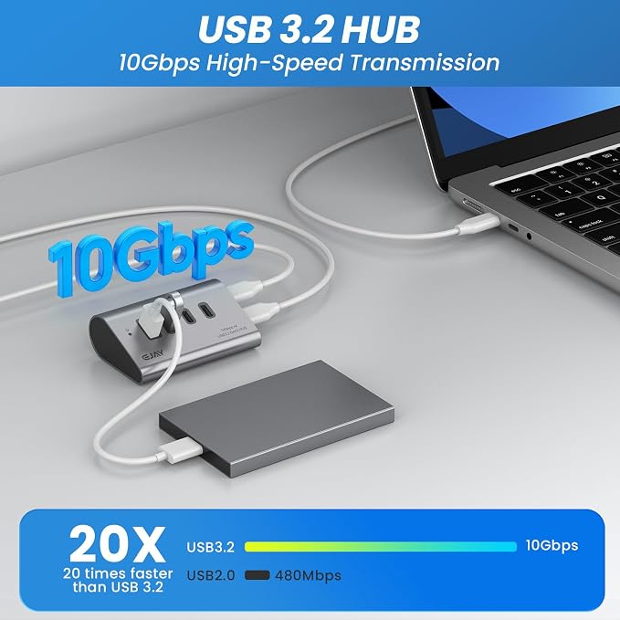 EJAY 10Gbps USB 3.2 Hub, 4-Port USB C/A Splitter for SSD,Laptop,PC,Mac | Aluminum,23° Ergonomic,Extra Power Supply Port,Stable Data Transmission,Dual Cable