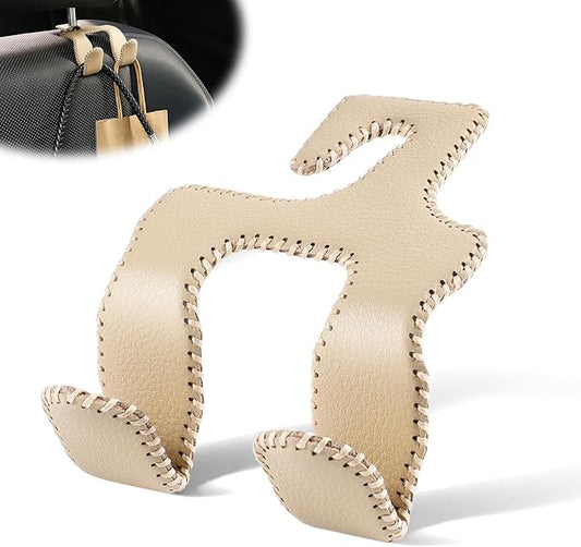 LivTee Upgraded Superior Leather Car Seat Back Headrest Hook, 2 in 1 Auto Seat Hook Hangers Holder Organization Interior Accessories for Purses Coats Umbrellas Grocery Bags Handbag (Beige)