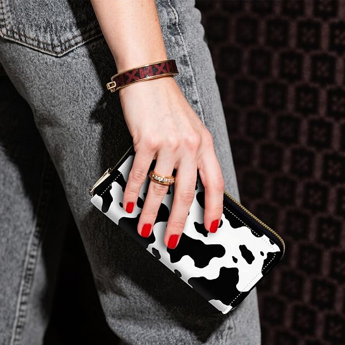 Zip Around Wallets for Women with Detachable Wrist Strap, Large Capacity RFID Blocking Leather Purse Organizer Card Holder Wristlet,Cow Print