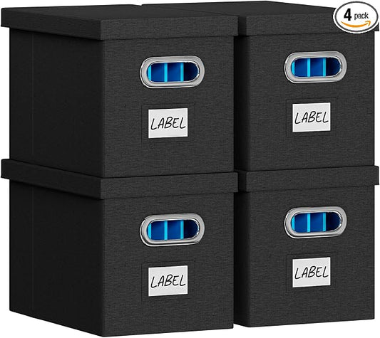 FHSQX File Box with Lid-File Organizer Box Set of 2 Portable Hanging File Box-Decorative Filing Storage Boxes for Office & Home File Cabinet (Black, 14 x 9.3 x 10.9 in (4Pack))