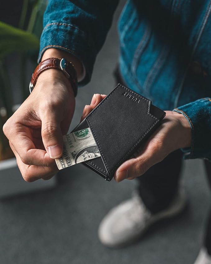 VULKIT Pop up Card Wallet RFID Blocking Slim Aluminum Metal Bank Card Holder Case with Business Money Pocket for Credit Cards Notes and Coins (Black)
