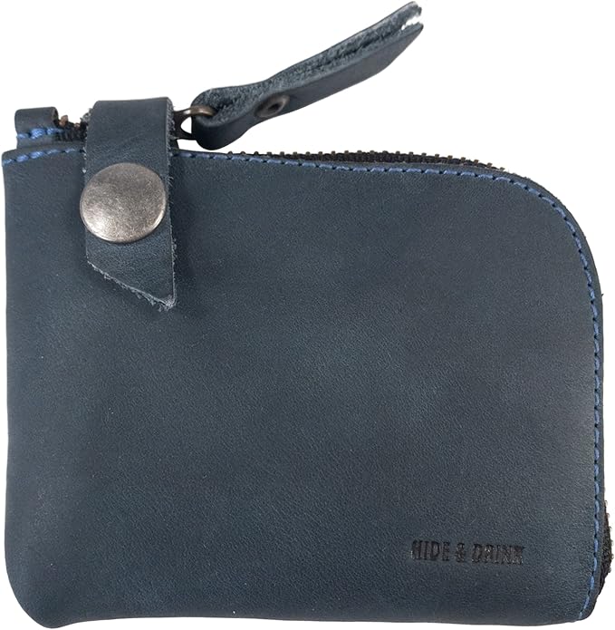 Hide & Drink, Zippered Wallet, Holds Up to 6 Cards Plus Folded Bills, Pouch Organizer, Cash Holder, Travel Essentials, Mini, Pocket-Size, Full Grain Leather, Handmade, Slate Blue