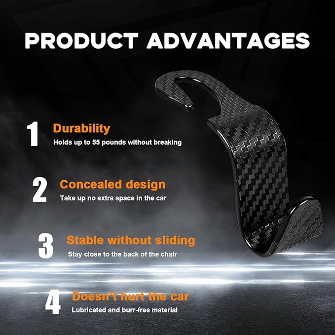povtii 4PCS Car Seat Headrest Hook, Auto Back Seat Hanging Storage Organizer, Vehicle Seatback Hanger Holder for Purse Handbag Coat Umbrella, Universal Interior Car Accessories (Carbon Fibre Black)