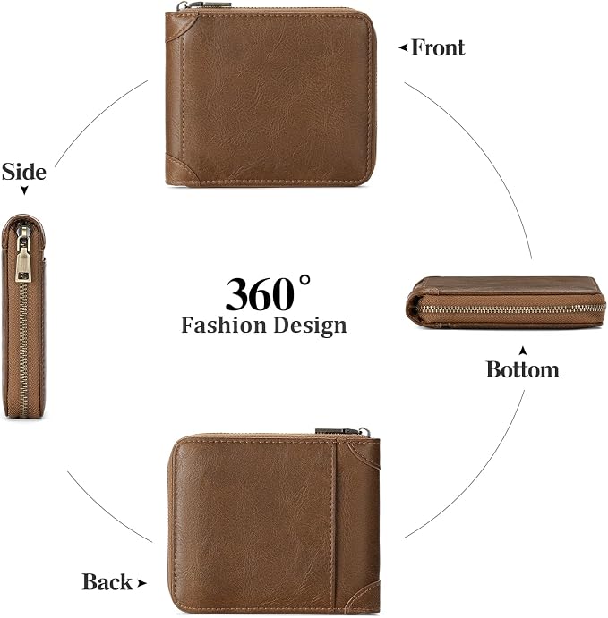 GAEKEAO Zipper Wallet for Men Vegan Leather RFID Blocking Large Capacity Bifold Wallets with ID Window Change Pocket