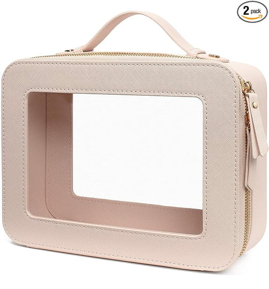 LETGO Clear Makeup Bag Organizer, Travel Toiletry Bag Cosmetic Case for Women, Portable Make Up Skincare Pouch Car Organizer Bag with Zippers for Essentials(Large-Beige)