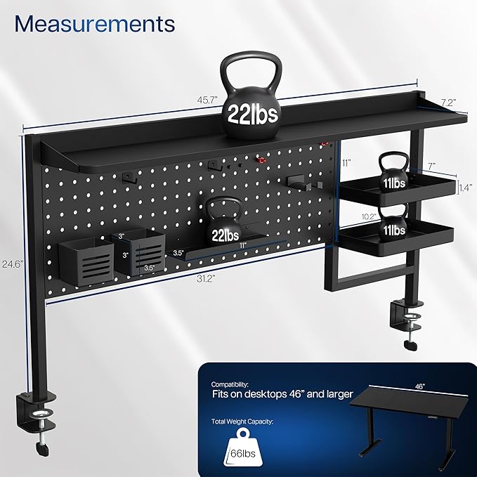 VIVO Steel Clamp-on 46 x 25 inch Desk Pegboard System with Storage Shelf and Accessory Trays, Multi-Purpose Office Organizer, Black, PP-PBSF46