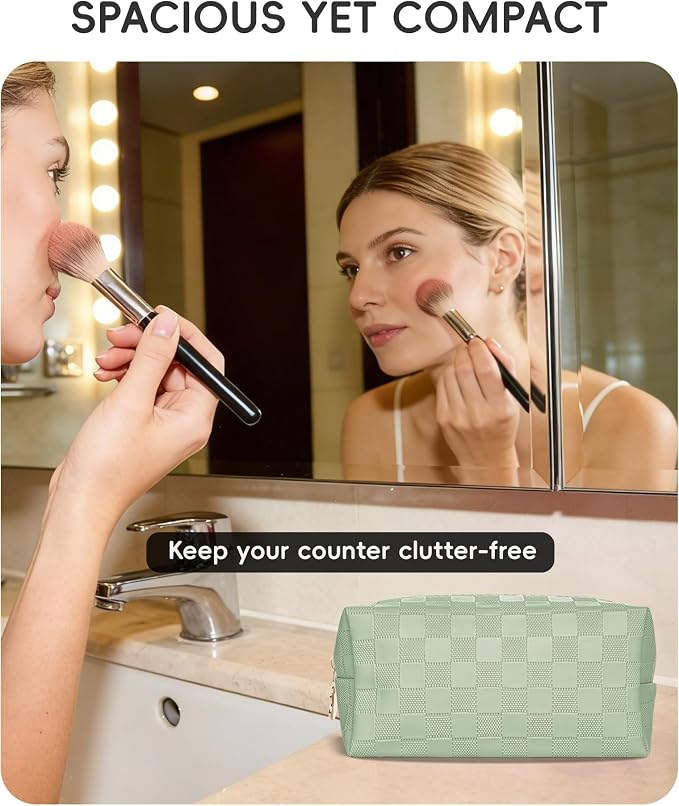 Checkered Makeup Bag for Purse - Cute PU Leather Travel Cosmetic Pouch for Women, Portable Flat Toiletry Organizer with Gold Zipper(green)