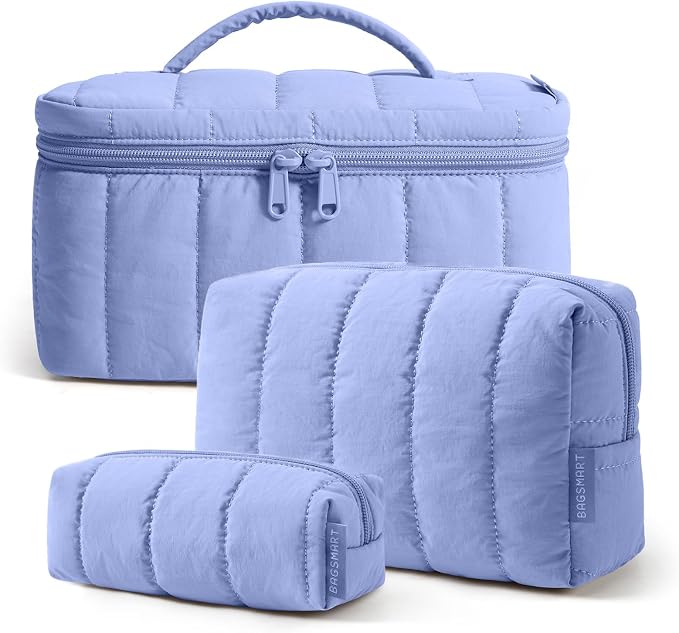 BAGSMART Travel Makeup Bag for Women, 3 Pcs Puffy Padded Cosmetic Organizer Bag, Large Toiletry Case and Small Purse Pouch for Gym, Work, Girls (Purple)